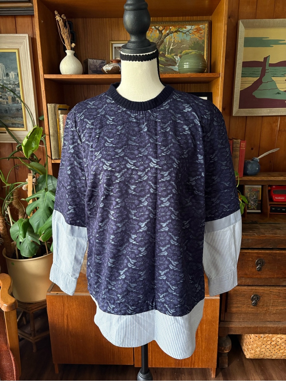 Handmade UpCycled Textured Cotton Lace Cashmere Snap Back Top M